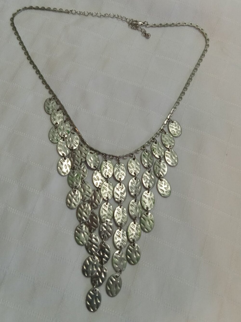 Chico's Boho-style long necklace silver color stamped & metalwork chain